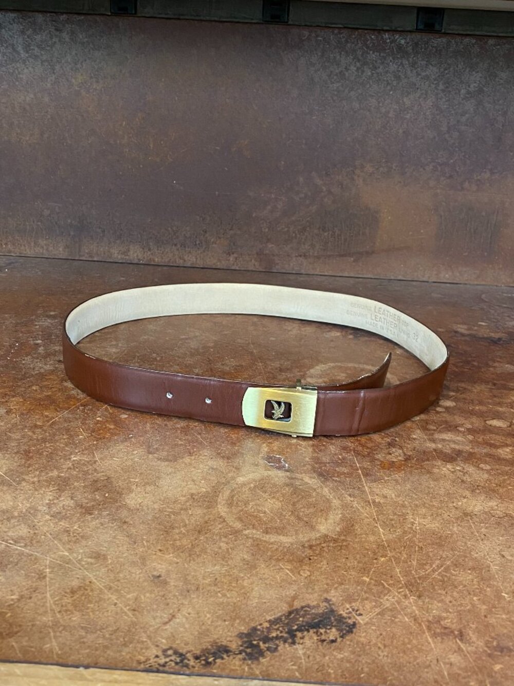 1970s Brown Leather Eagle Bird Buckle Belt Mens Vintage
